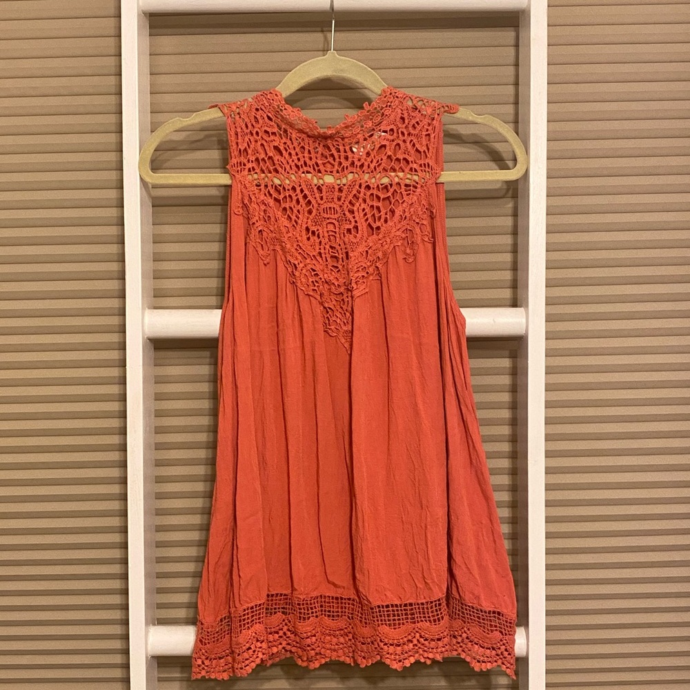 Entro Burnt Orange Crochet Lace Sleeveless Boho Tunic Top Women’s Large